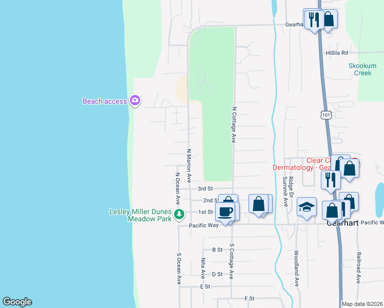 map of restaurants, bars, coffee shops, grocery stores, and more near 597 North Marion Avenue in Gearhart