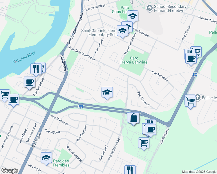 map of restaurants, bars, coffee shops, grocery stores, and more near Rue Goupil in Sorel-Tracy