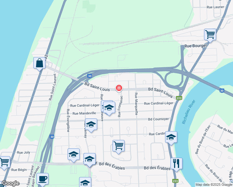 map of restaurants, bars, coffee shops, grocery stores, and more near 2300 Boulevard Saint-Louis in Sorel-Tracy