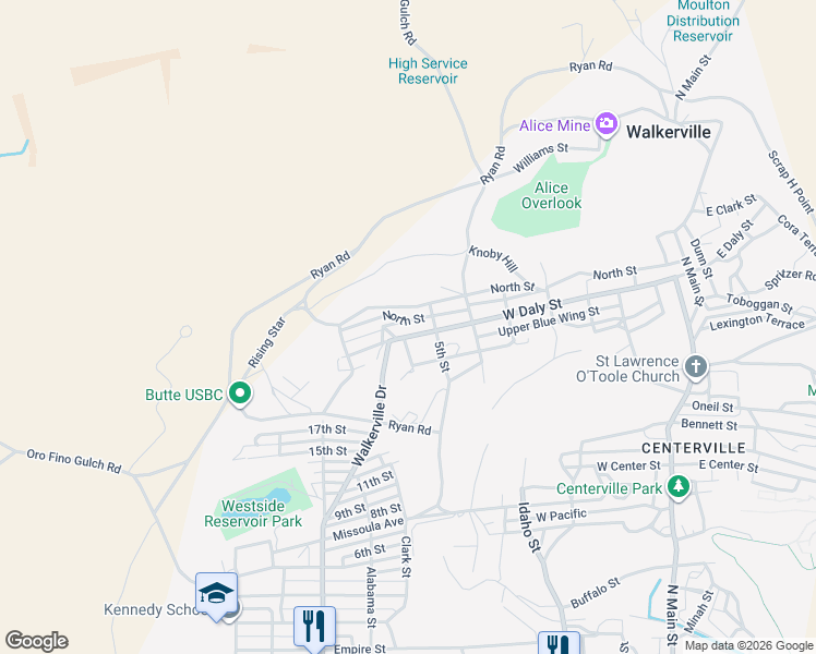 map of restaurants, bars, coffee shops, grocery stores, and more near 600 North Street in Butte