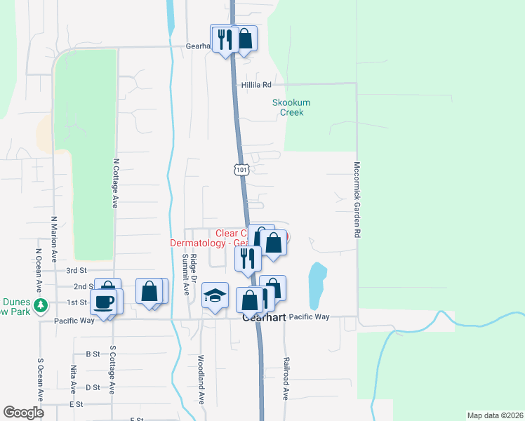 map of restaurants, bars, coffee shops, grocery stores, and more near 657 Park Drive in Gearhart