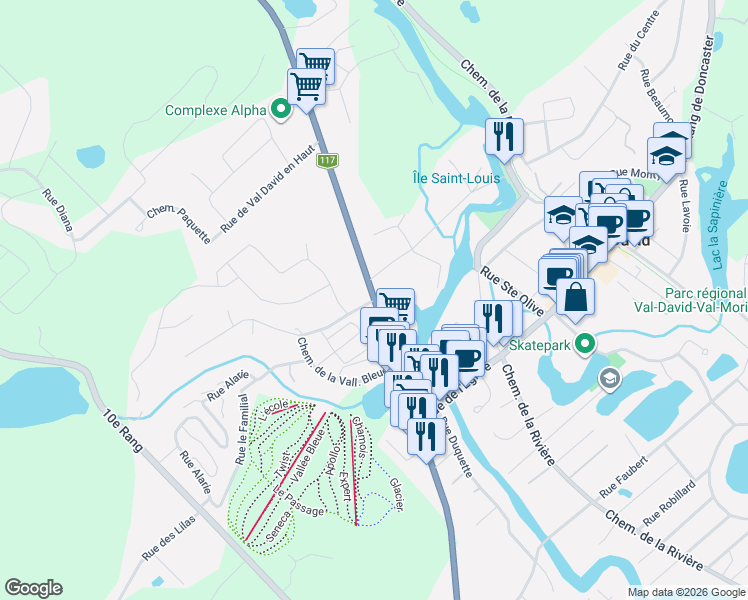 map of restaurants, bars, coffee shops, grocery stores, and more near Québec 117 in Val-David