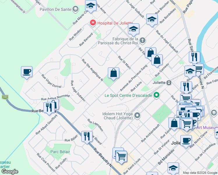 map of restaurants, bars, coffee shops, grocery stores, and more near 715 Rue Papineau in Joliette