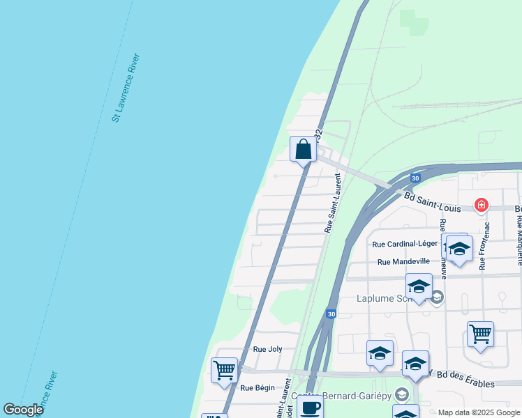 map of restaurants, bars, coffee shops, grocery stores, and more near 3375 Rue Montmagny in Sorel