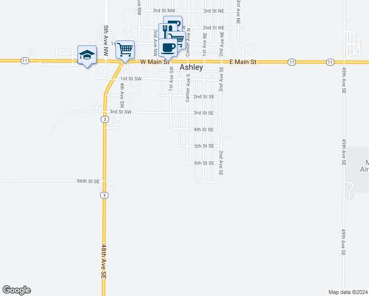map of restaurants, bars, coffee shops, grocery stores, and more near 604 Center Avenue South in Ashley