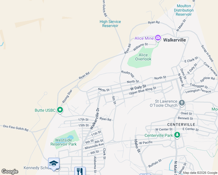 map of restaurants, bars, coffee shops, grocery stores, and more near 600 North Street in Butte