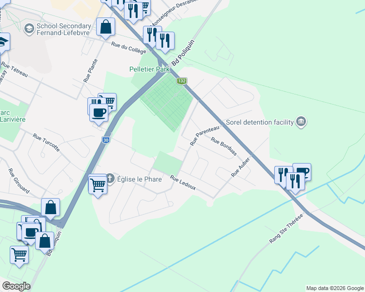 map of restaurants, bars, coffee shops, grocery stores, and more near 393 Rue Bergeron in Sorel-Tracy