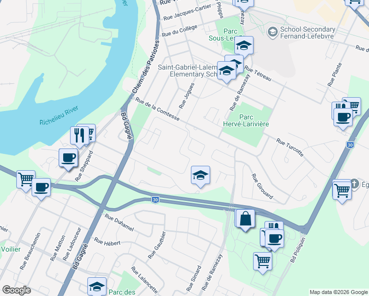 map of restaurants, bars, coffee shops, grocery stores, and more near 66 Rue Nicolas-Perreault in Sorel-Tracy