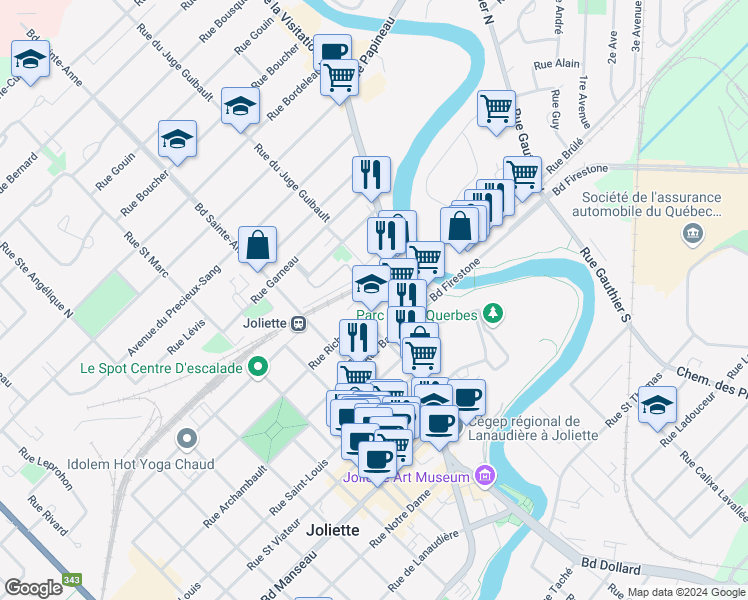 map of restaurants, bars, coffee shops, grocery stores, and more near 254 Rue Richard in Joliette