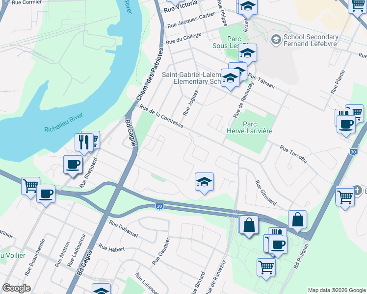 map of restaurants, bars, coffee shops, grocery stores, and more near 62 Rue Nicolas-Perreault in Sorel-Tracy