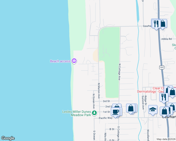 map of restaurants, bars, coffee shops, grocery stores, and more near 928 Ocean Way in Gearhart