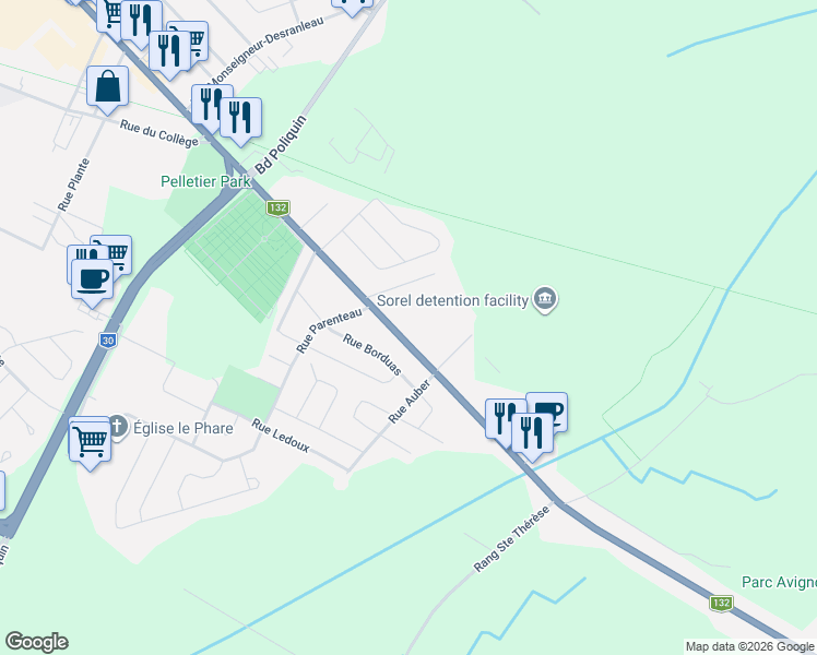 map of restaurants, bars, coffee shops, grocery stores, and more near 487 Boulevard Fiset in Sorel-Tracy