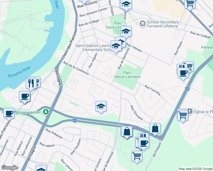 map of restaurants, bars, coffee shops, grocery stores, and more near 90 Rue de la Comtesse in Sorel-Tracy