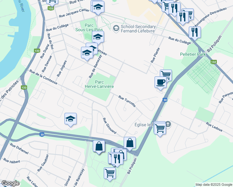 map of restaurants, bars, coffee shops, grocery stores, and more near 17 Rue Turcotte in Sorel