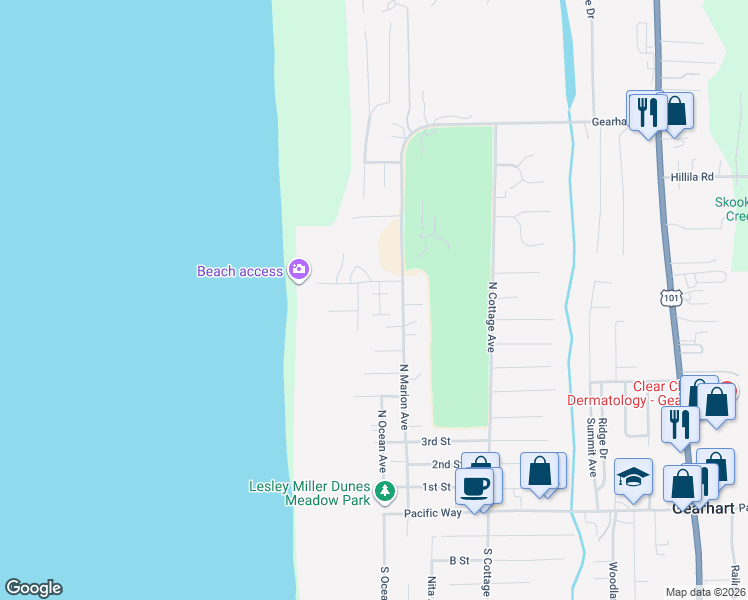 map of restaurants, bars, coffee shops, grocery stores, and more near 928 Ocean Way in Gearhart