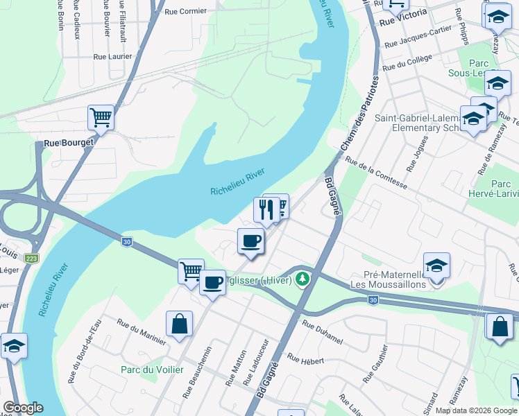 map of restaurants, bars, coffee shops, grocery stores, and more near 40 Rue du Bord-de-l'Eau in Sorel-Tracy