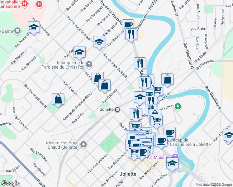 map of restaurants, bars, coffee shops, grocery stores, and more near 360 Place F. H. Jones in Joliette