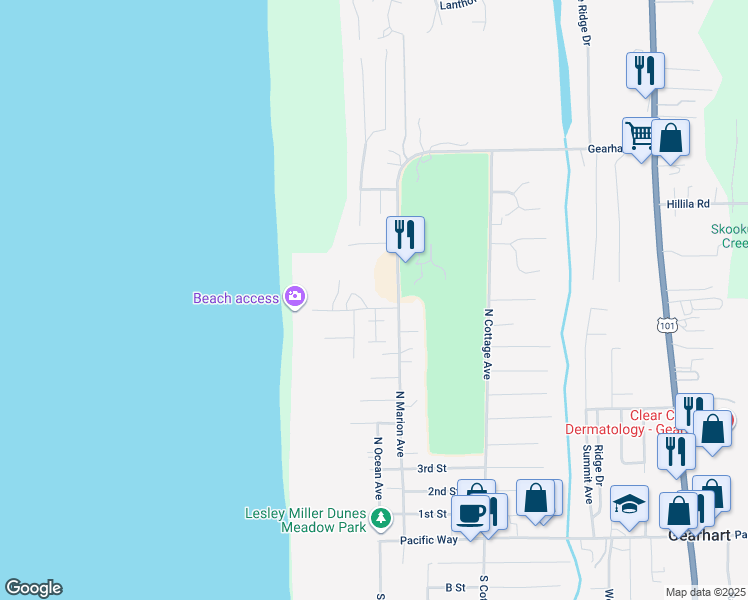 map of restaurants, bars, coffee shops, grocery stores, and more near 440 Pacific Way in Gearhart
