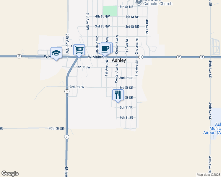 map of restaurants, bars, coffee shops, grocery stores, and more near 226-298 Center Avenue South in Ashley