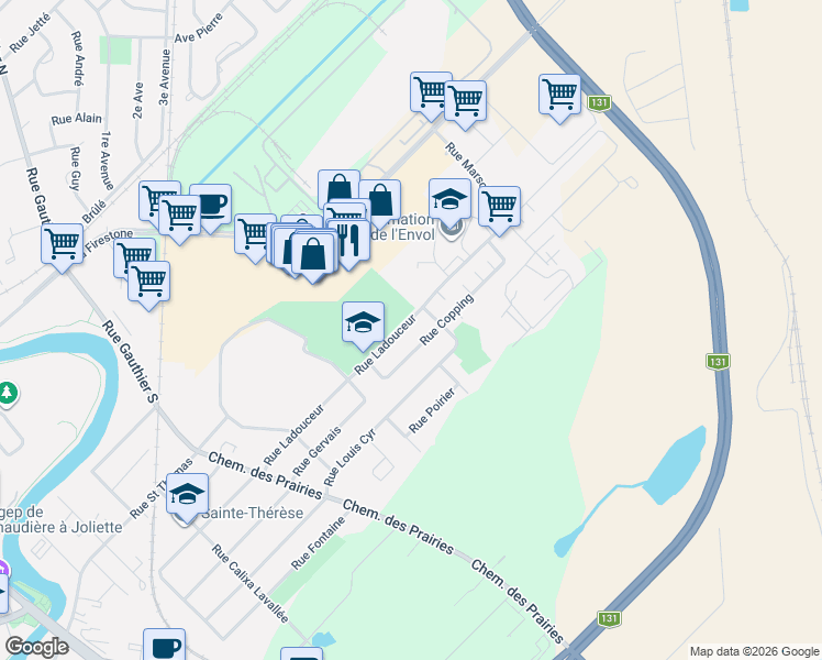 map of restaurants, bars, coffee shops, grocery stores, and more near 1121 Rue Ladouceur in Joliette