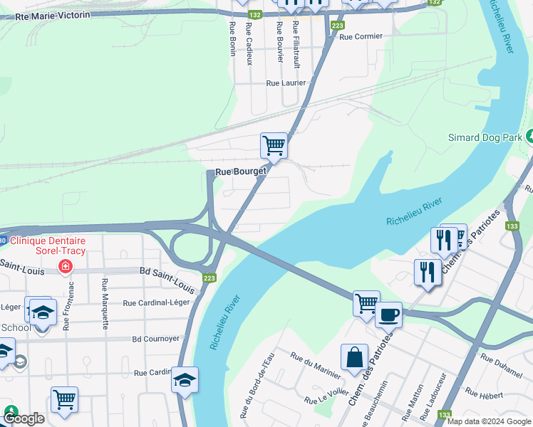 map of restaurants, bars, coffee shops, grocery stores, and more near 1254 Rue Saint-Denis in Sorel-Tracy