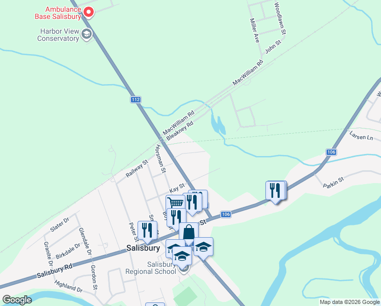 map of restaurants, bars, coffee shops, grocery stores, and more near Harlow Street in Salisbury