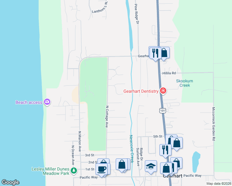 map of restaurants, bars, coffee shops, grocery stores, and more near 673 Creekside Drive in Seaside