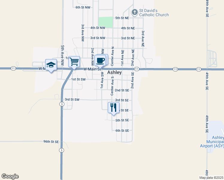 map of restaurants, bars, coffee shops, grocery stores, and more near 226 Center Avenue South in Ashley