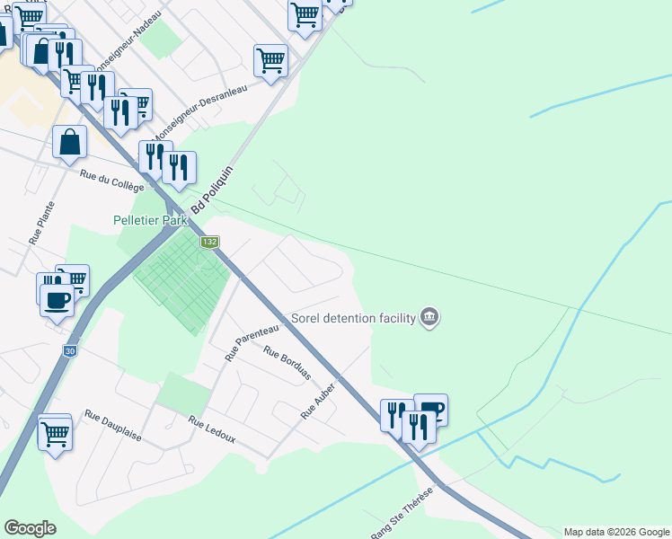 map of restaurants, bars, coffee shops, grocery stores, and more near 107 Rue Barabé in Sorel-Tracy