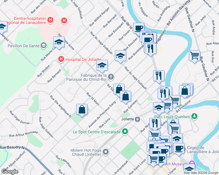 map of restaurants, bars, coffee shops, grocery stores, and more near 551 Boulevard Sainte-Anne in Joliette