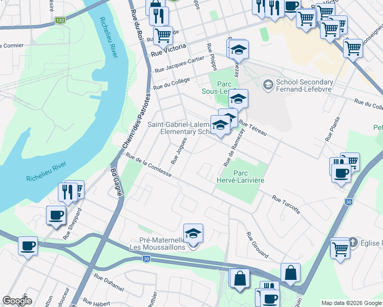 map of restaurants, bars, coffee shops, grocery stores, and more near Rue Goupil in Sorel-Tracy