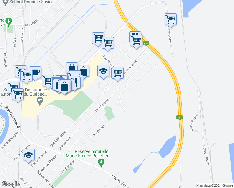 map of restaurants, bars, coffee shops, grocery stores, and more near 1267 Rue Copping in Joliette