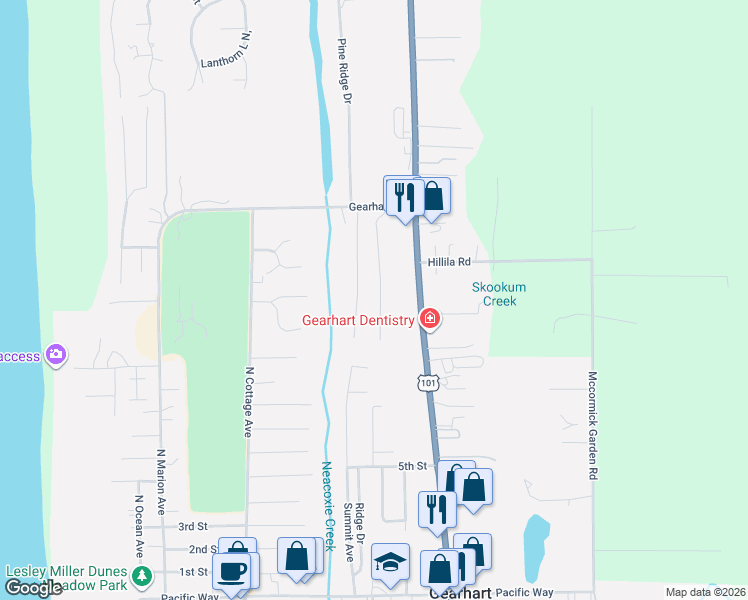 map of restaurants, bars, coffee shops, grocery stores, and more near 1350 Chinook Lane in Gearhart