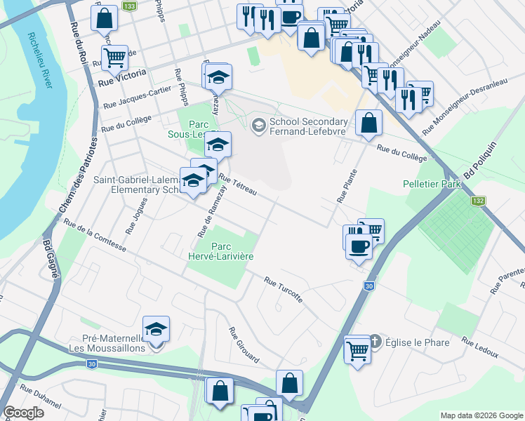 map of restaurants, bars, coffee shops, grocery stores, and more near 179 Rue Chabanel in Sorel-Tracy