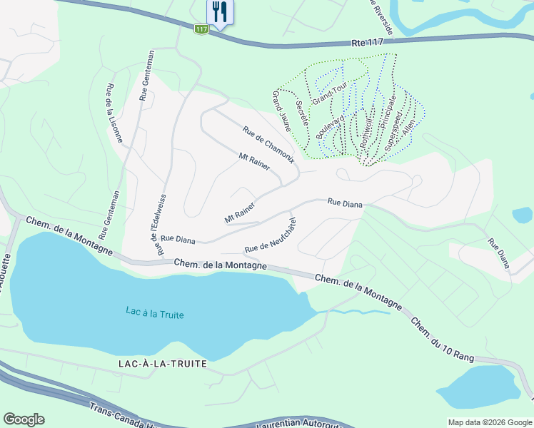 map of restaurants, bars, coffee shops, grocery stores, and more near 131 Rue Diana in Sainte-Agathe-des-Monts