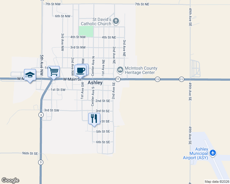map of restaurants, bars, coffee shops, grocery stores, and more near 66-122 2nd Avenue Southeast in Ashley