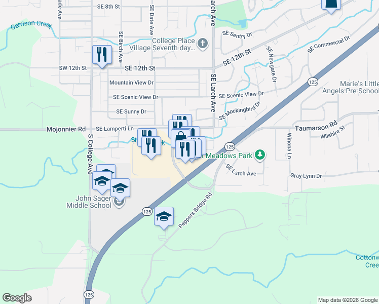map of restaurants, bars, coffee shops, grocery stores, and more near 1705 Southeast Meadowbrook Street in College Place