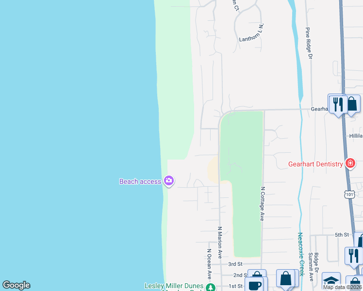 map of restaurants, bars, coffee shops, grocery stores, and more near 1398 North Ocean Avenue in Gearhart