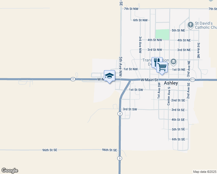 map of restaurants, bars, coffee shops, grocery stores, and more near 703 West Main Street in Ashley