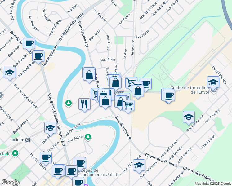 map of restaurants, bars, coffee shops, grocery stores, and more near 881 Boulevard Firestone in Joliette