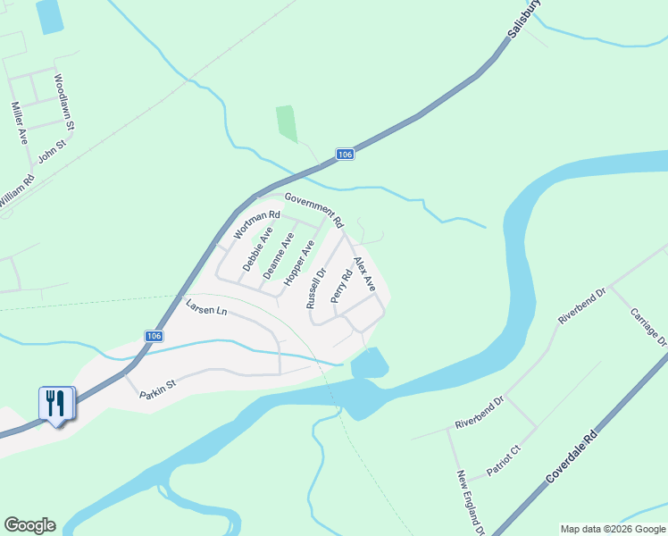 map of restaurants, bars, coffee shops, grocery stores, and more near 10 Russell Drive in Salisbury