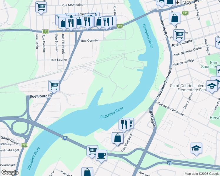 map of restaurants, bars, coffee shops, grocery stores, and more near 1805 Rue Émile Bernard in Sorel-Tracy