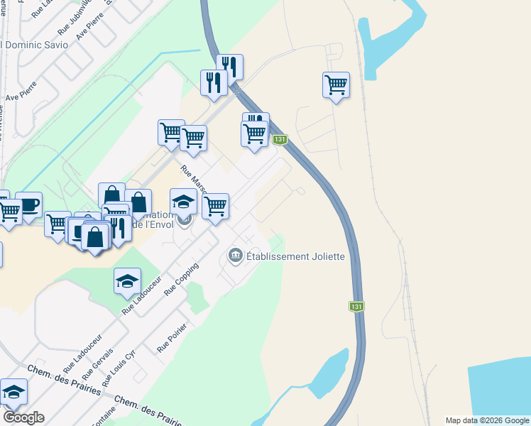 map of restaurants, bars, coffee shops, grocery stores, and more near 1421 Rue Agnès Parent in Joliette