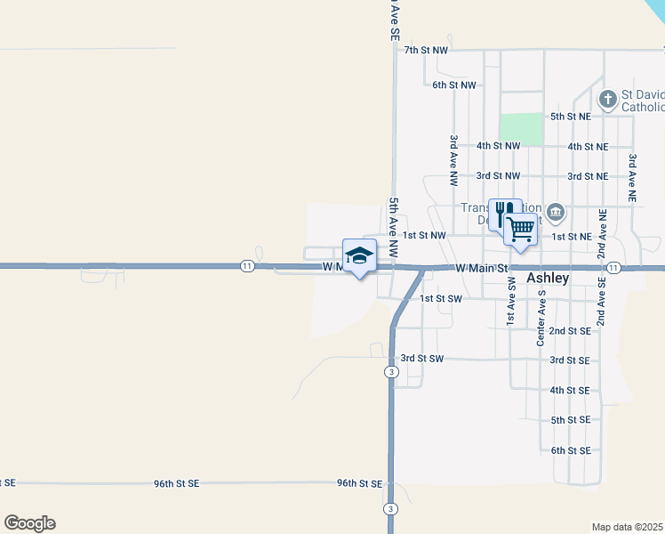 map of restaurants, bars, coffee shops, grocery stores, and more near 703 West Main Street in Ashley