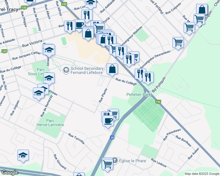 map of restaurants, bars, coffee shops, grocery stores, and more near 322 Rue du Collège in Sorel-Tracy