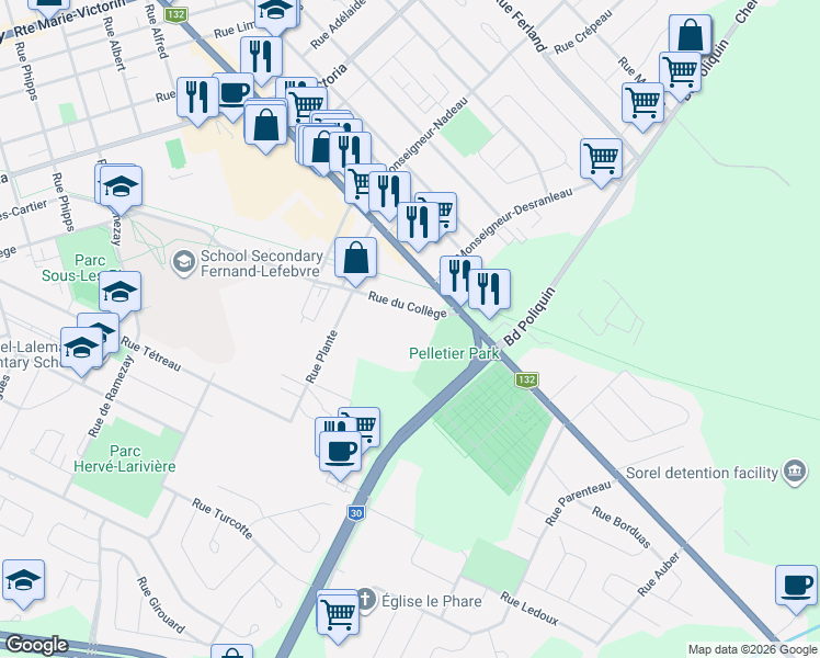 map of restaurants, bars, coffee shops, grocery stores, and more near 370 Rue du Collège in Sorel-Tracy