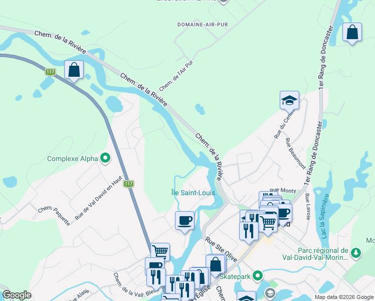 map of restaurants, bars, coffee shops, grocery stores, and more near 1567 Rue Buchanon in Val-David