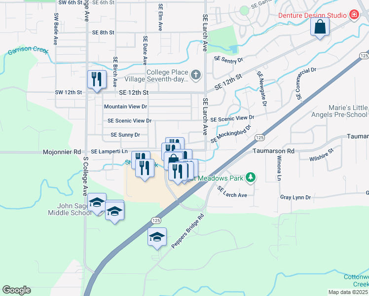 map of restaurants, bars, coffee shops, grocery stores, and more near 614 Mockingbird Drive in College Place