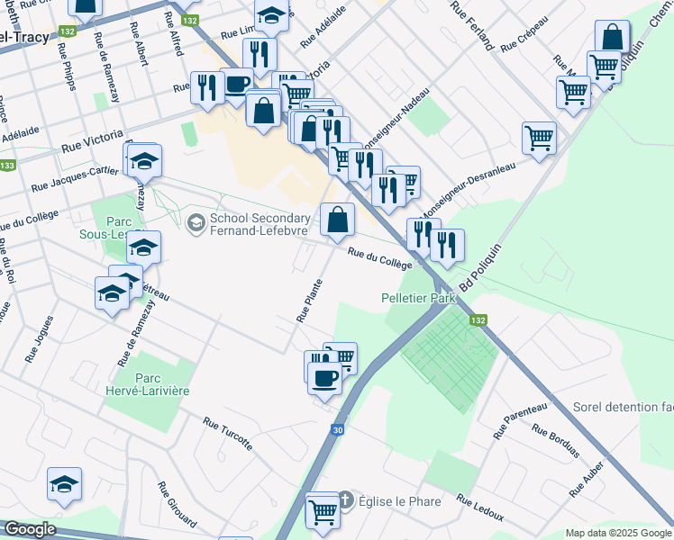 map of restaurants, bars, coffee shops, grocery stores, and more near 322 Rue du Collège in Sorel-Tracy