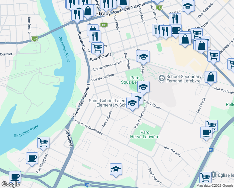 map of restaurants, bars, coffee shops, grocery stores, and more near 11 Boulevard Lucien-Cardin in Sorel-Tracy